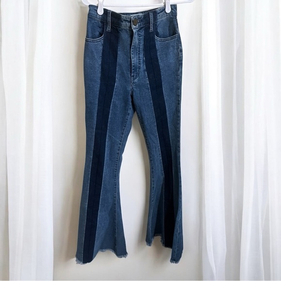 Show Me Your MuMu Revolve Blue Denim Bell Flare Striped Boho Western Jeans Sz 27 - Picture 2 of 4